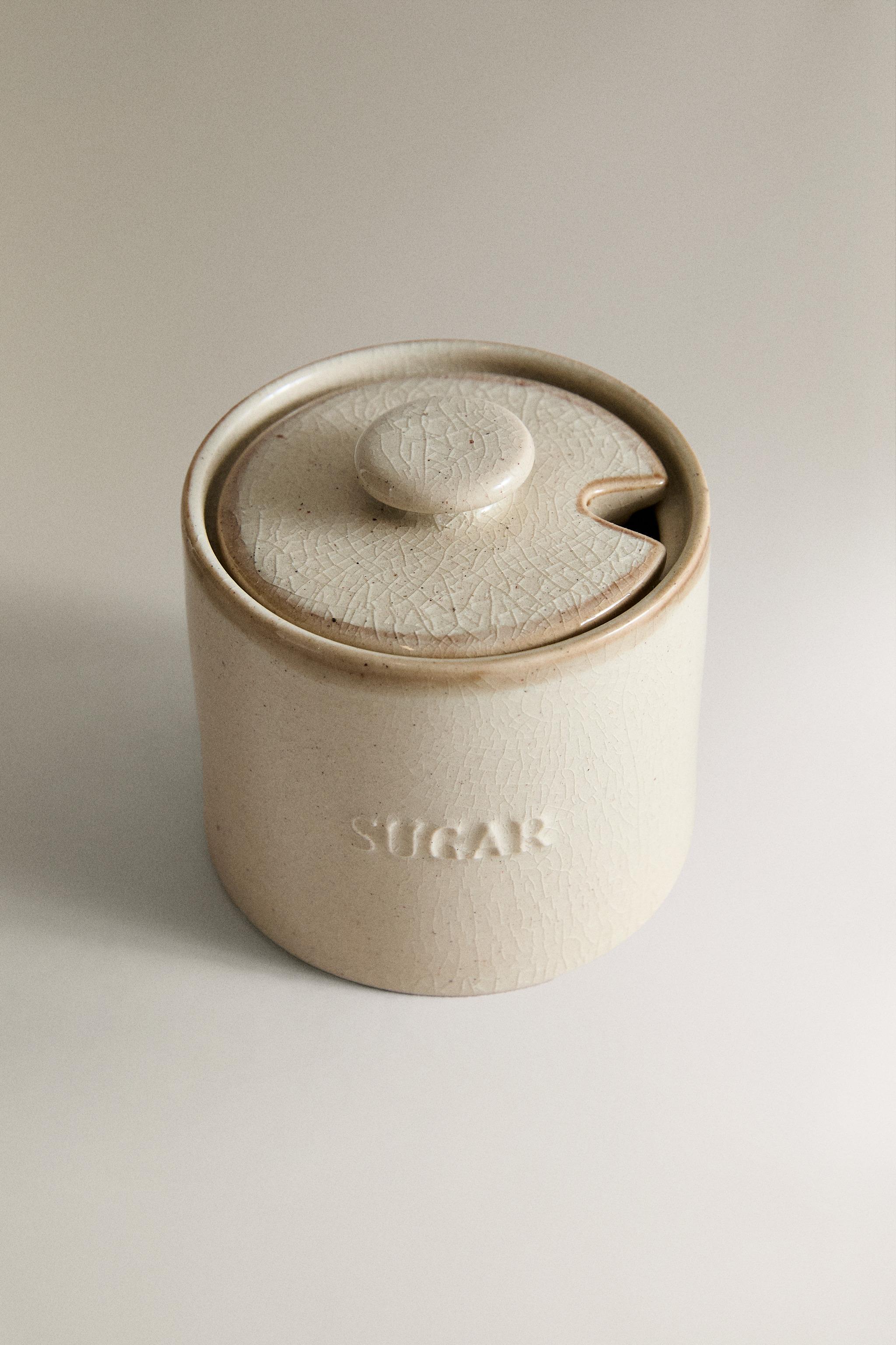 STONEWARE SUGAR BOWL WITH DESSERT SPOON